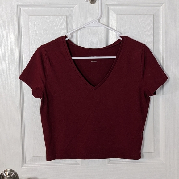 Wild Fable Burgundy Stretch Cotton Short Sleeve Cropped‎ T-Shirt Top Size Large - Picture 1 of 4